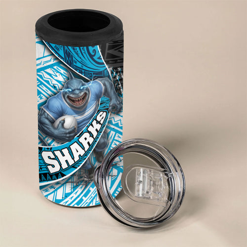 Cronulla Sutherland Sharks Rugby 4 in 1 Can Cooler Tumbler Tribal Polynesian Power Art - Lightning Mascot