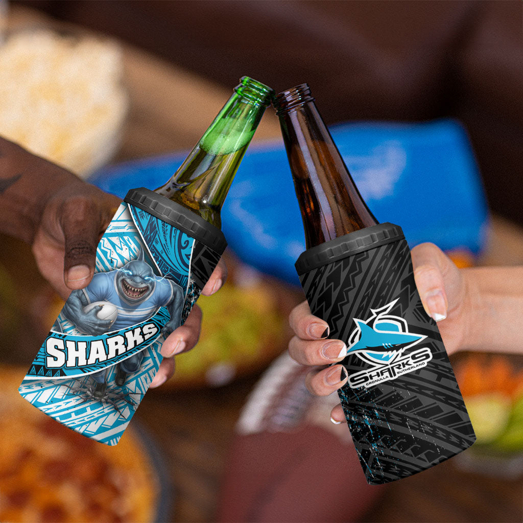 Cronulla Sutherland Sharks Rugby 4 in 1 Can Cooler Tumbler Tribal Polynesian Power Art - Lightning Mascot