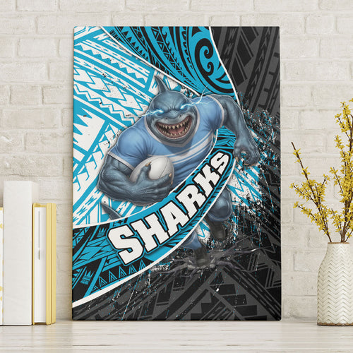 Cronulla Sutherland Sharks Rugby Canvas Wall Art Tribal Polynesian Power Art - Lightning Mascot