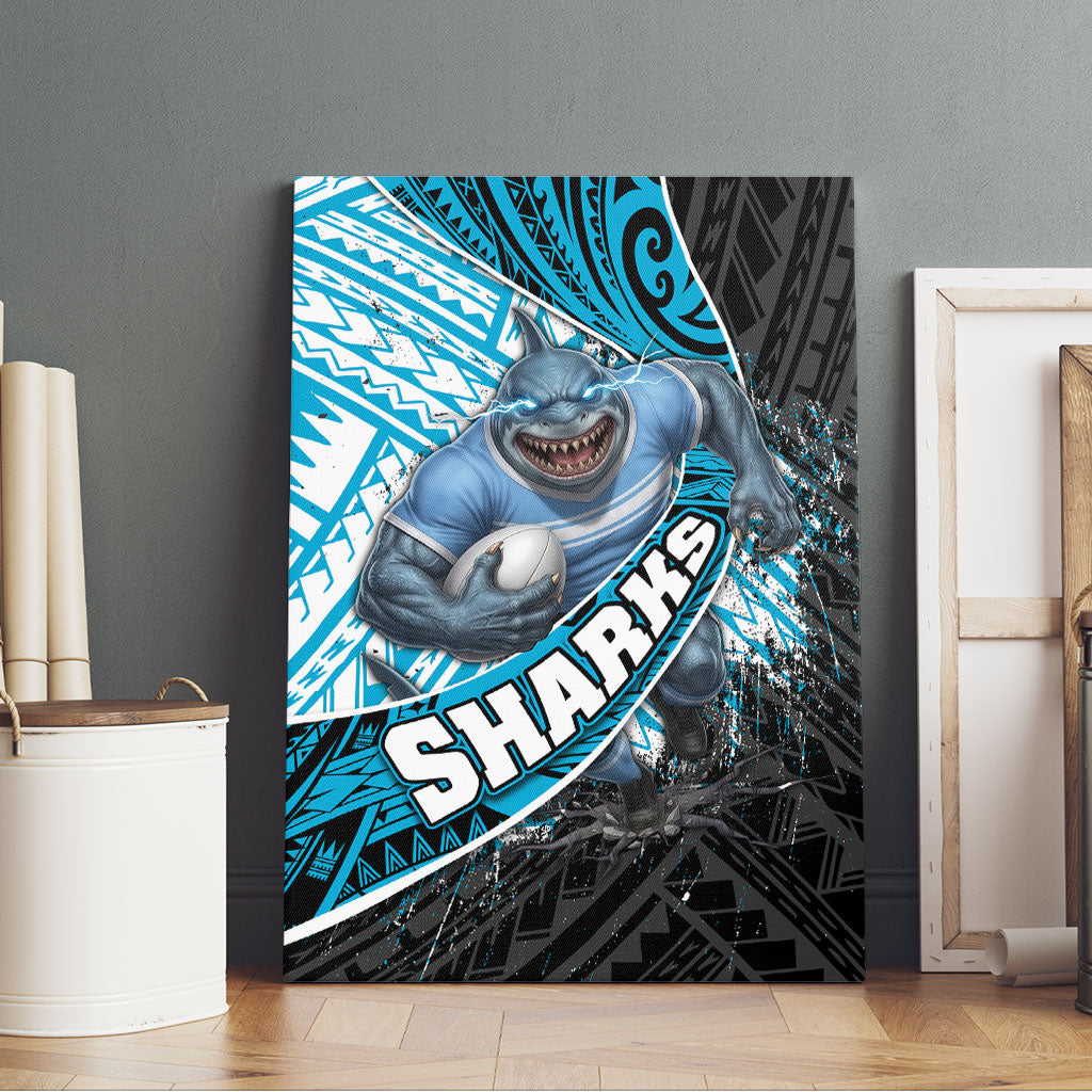 Cronulla Sutherland Sharks Rugby Canvas Wall Art Tribal Polynesian Power Art - Lightning Mascot