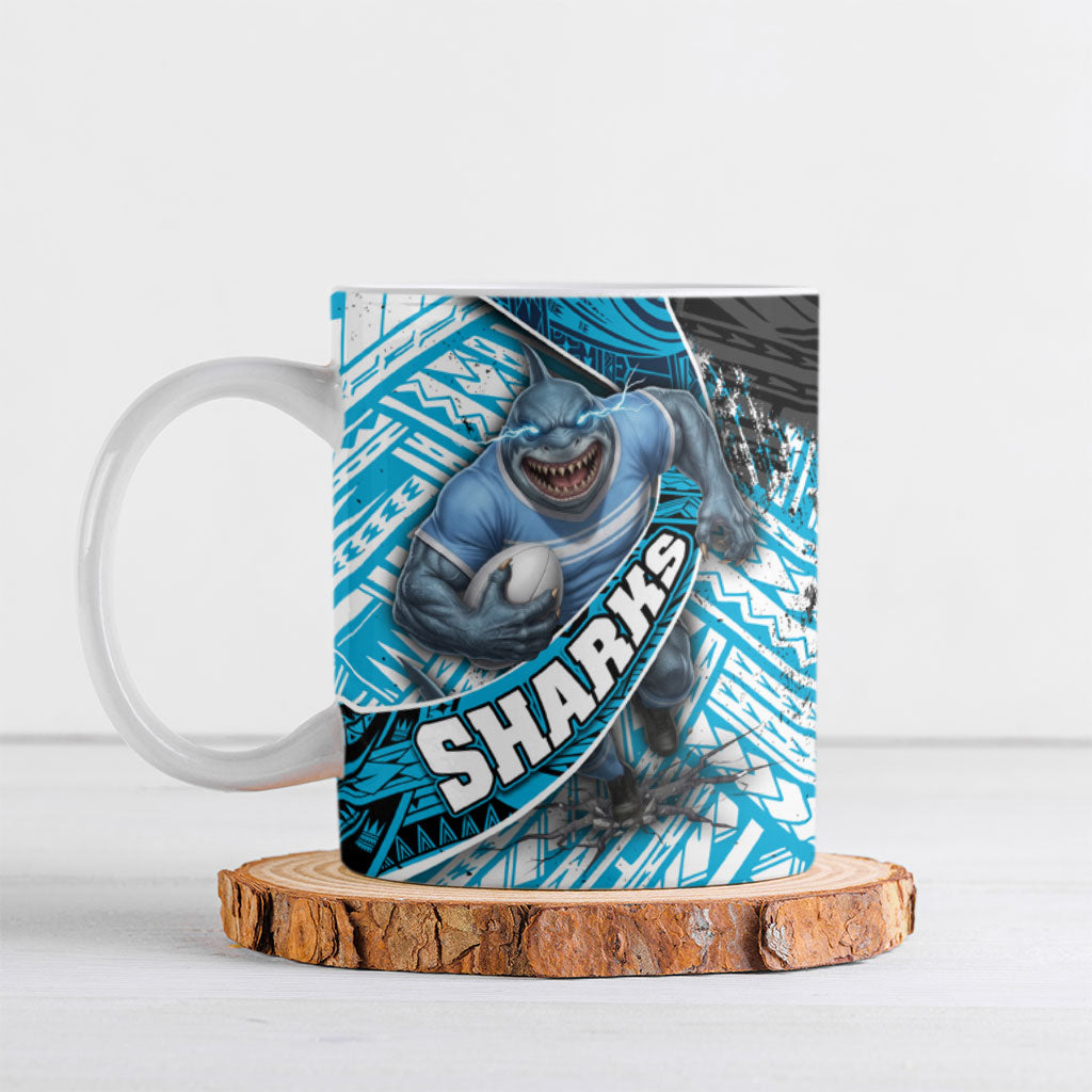Cronulla Sutherland Sharks Rugby Ceramic Mug Tribal Polynesian Power Art - Lightning Mascot