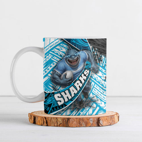 Cronulla Sutherland Sharks Rugby Ceramic Mug Tribal Polynesian Power Art - Lightning Mascot