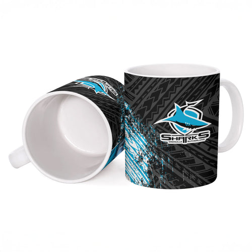 Cronulla Sutherland Sharks Rugby Ceramic Mug Tribal Polynesian Power Art - Lightning Mascot