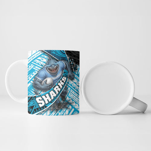 Cronulla Sutherland Sharks Rugby Ceramic Mug Tribal Polynesian Power Art - Lightning Mascot