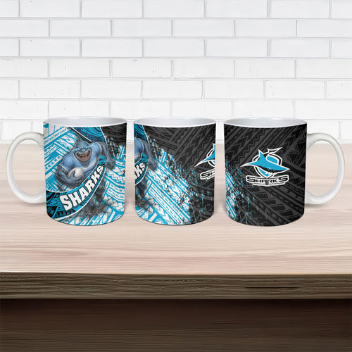 Cronulla Sutherland Sharks Rugby Ceramic Mug Tribal Polynesian Power Art - Lightning Mascot