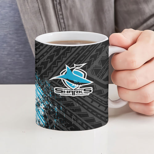 Cronulla Sutherland Sharks Rugby Ceramic Mug Tribal Polynesian Power Art - Lightning Mascot