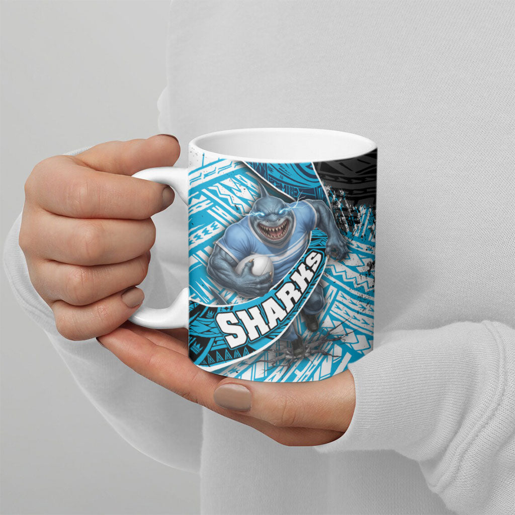 Cronulla Sutherland Sharks Rugby Ceramic Mug Tribal Polynesian Power Art - Lightning Mascot