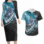 Cronulla Sutherland Sharks Rugby Couples Matching Long Sleeve Bodycon Dress and Hawaiian Shirt Tribal Polynesian Power Art - Lightning Mascot