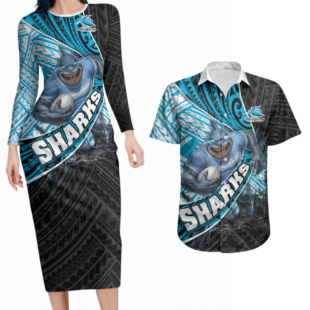 Cronulla Sutherland Sharks Rugby Couples Matching Long Sleeve Bodycon Dress and Hawaiian Shirt Tribal Polynesian Power Art - Lightning Mascot