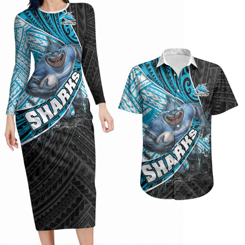 Cronulla Sutherland Sharks Rugby Couples Matching Long Sleeve Bodycon Dress and Hawaiian Shirt Tribal Polynesian Power Art - Lightning Mascot