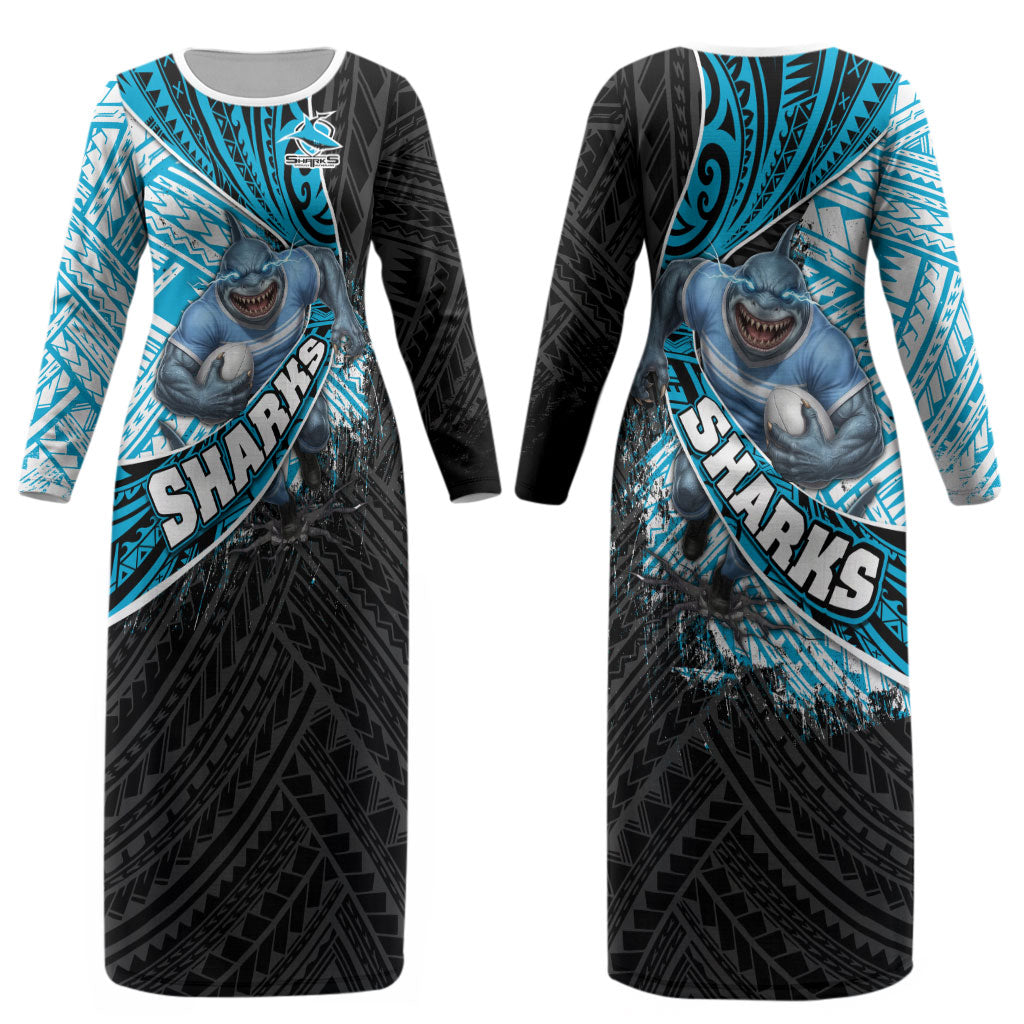 Cronulla Sutherland Sharks Rugby Couples Matching Long Sleeve Bodycon Dress and Hawaiian Shirt Tribal Polynesian Power Art - Lightning Mascot