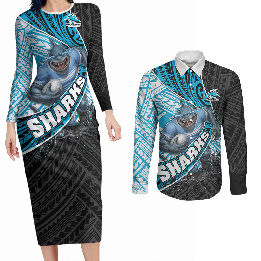 Cronulla Sutherland Sharks Rugby Couples Matching Long Sleeve Bodycon Dress and Long Sleeve Button Shirt Tribal Polynesian Power Art - Lightning Mascot
