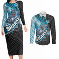Cronulla Sutherland Sharks Rugby Couples Matching Long Sleeve Bodycon Dress and Long Sleeve Button Shirt Tribal Polynesian Power Art - Lightning Mascot