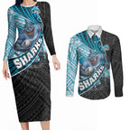 Cronulla Sutherland Sharks Rugby Couples Matching Long Sleeve Bodycon Dress and Long Sleeve Button Shirt Tribal Polynesian Power Art - Lightning Mascot