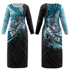 Cronulla Sutherland Sharks Rugby Couples Matching Long Sleeve Bodycon Dress and Long Sleeve Button Shirt Tribal Polynesian Power Art - Lightning Mascot