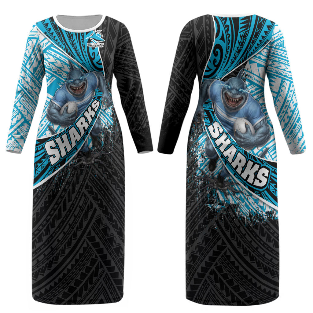 Cronulla Sutherland Sharks Rugby Couples Matching Long Sleeve Bodycon Dress and Long Sleeve Button Shirt Tribal Polynesian Power Art - Lightning Mascot