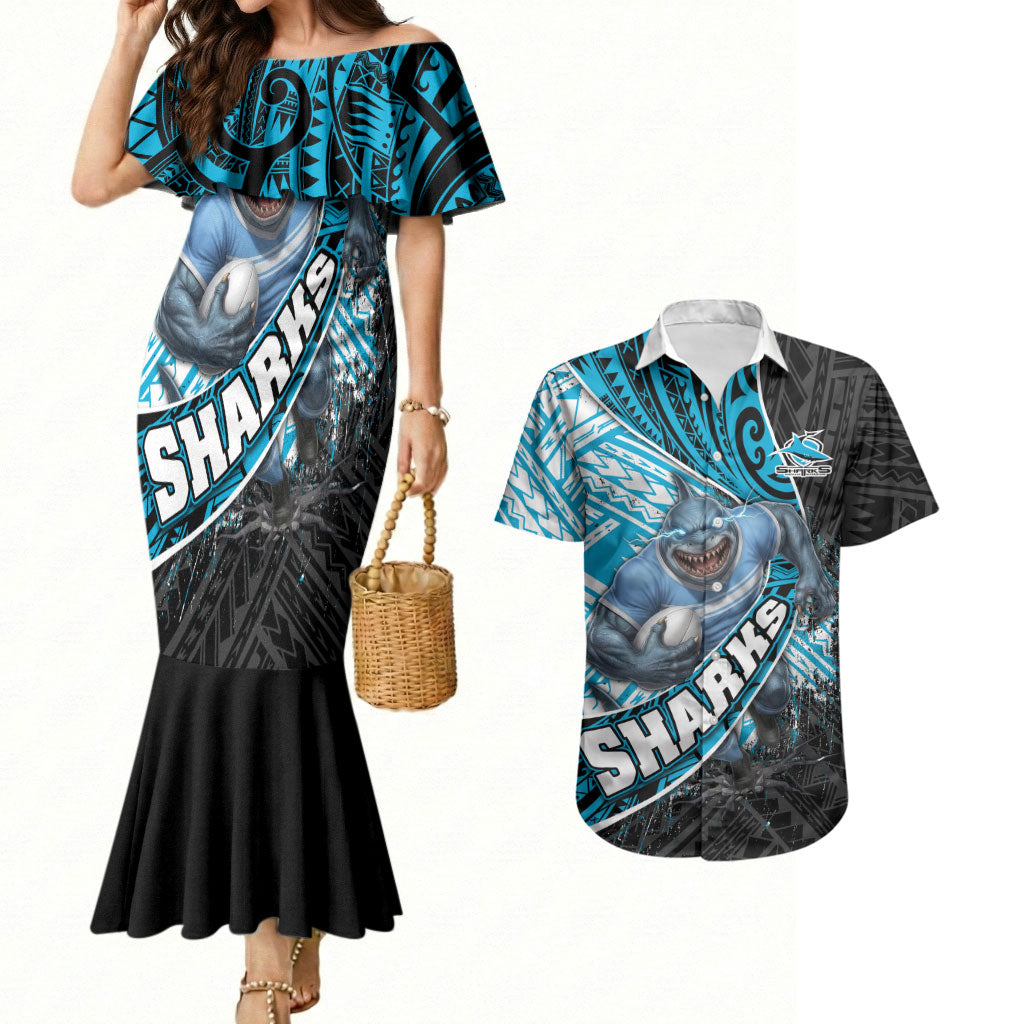 Cronulla Sutherland Sharks Rugby Couples Matching Mermaid Dress and Hawaiian Shirt Tribal Polynesian Power Art - Lightning Mascot