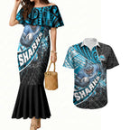 Cronulla Sutherland Sharks Rugby Couples Matching Mermaid Dress and Hawaiian Shirt Tribal Polynesian Power Art - Lightning Mascot