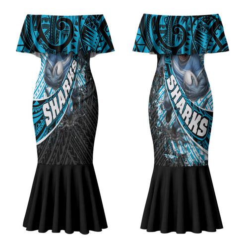 Cronulla Sutherland Sharks Rugby Couples Matching Mermaid Dress and Hawaiian Shirt Tribal Polynesian Power Art - Lightning Mascot