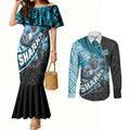 Cronulla Sutherland Sharks Rugby Couples Matching Mermaid Dress and Long Sleeve Button Shirt Tribal Polynesian Power Art - Lightning Mascot