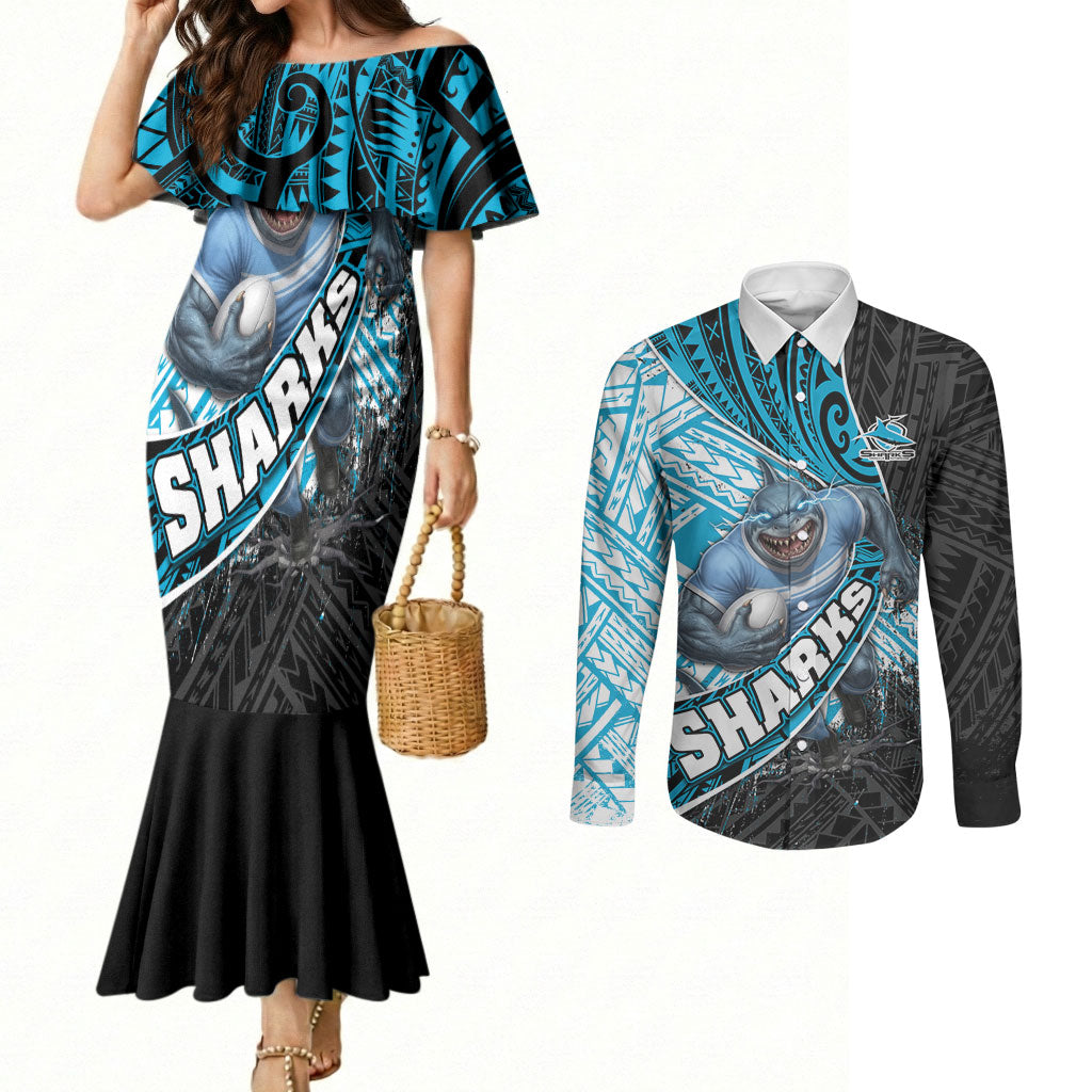 Cronulla Sutherland Sharks Rugby Couples Matching Mermaid Dress and Long Sleeve Button Shirt Tribal Polynesian Power Art - Lightning Mascot