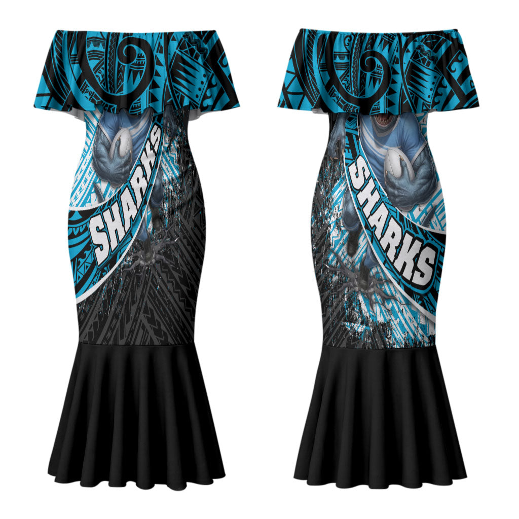 Cronulla Sutherland Sharks Rugby Couples Matching Mermaid Dress and Long Sleeve Button Shirt Tribal Polynesian Power Art - Lightning Mascot