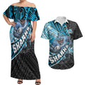 Cronulla Sutherland Sharks Rugby Couples Matching Off Shoulder Maxi Dress and Hawaiian Shirt Tribal Polynesian Power Art - Lightning Mascot