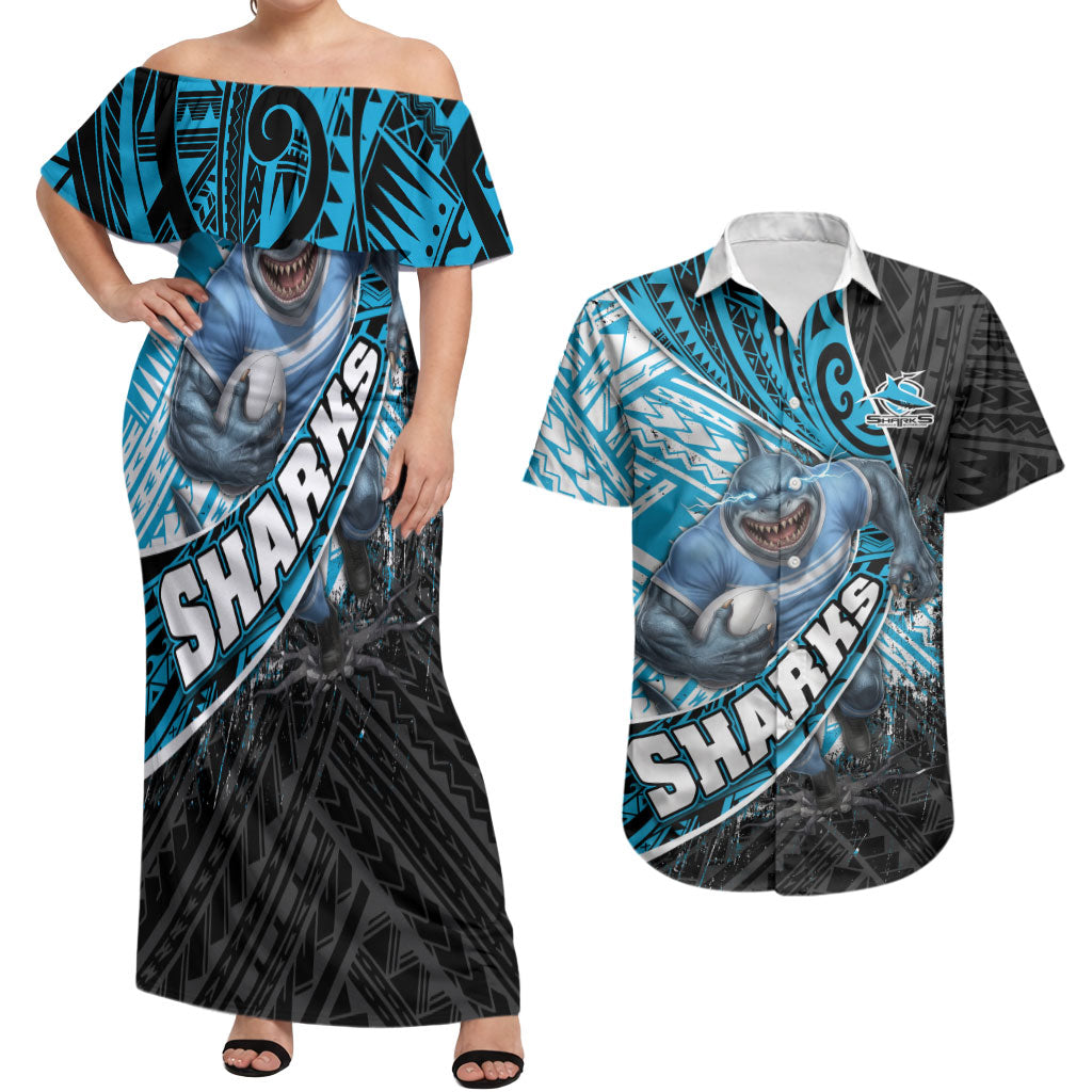Cronulla Sutherland Sharks Rugby Couples Matching Off Shoulder Maxi Dress and Hawaiian Shirt Tribal Polynesian Power Art - Lightning Mascot