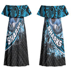 Cronulla Sutherland Sharks Rugby Couples Matching Off Shoulder Maxi Dress and Hawaiian Shirt Tribal Polynesian Power Art - Lightning Mascot