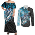 Cronulla Sutherland Sharks Rugby Couples Matching Off Shoulder Maxi Dress and Long Sleeve Button Shirt Tribal Polynesian Power Art - Lightning Mascot