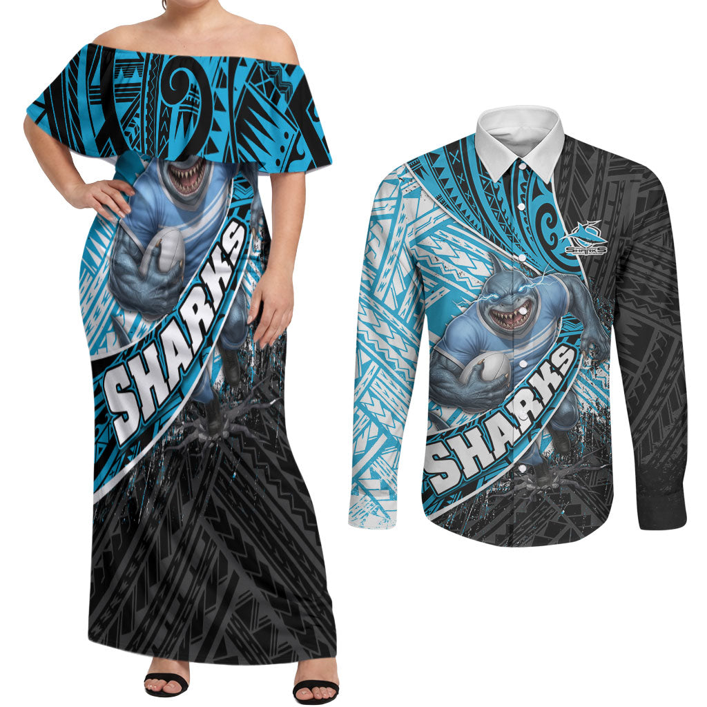 Cronulla Sutherland Sharks Rugby Couples Matching Off Shoulder Maxi Dress and Long Sleeve Button Shirt Tribal Polynesian Power Art - Lightning Mascot