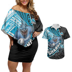 Cronulla Sutherland Sharks Rugby Couples Matching Off Shoulder Short Dress and Hawaiian Shirt Tribal Polynesian Power Art - Lightning Mascot