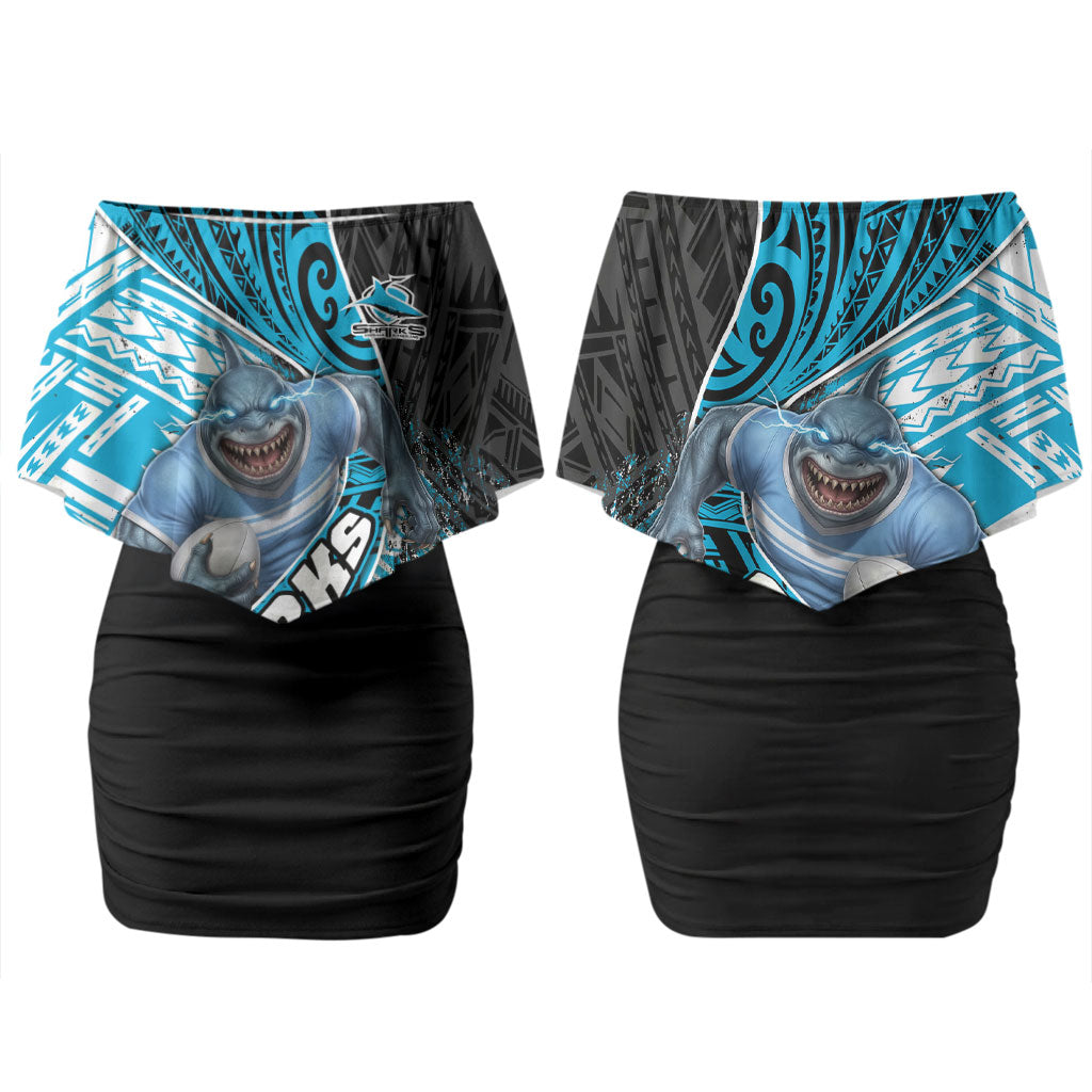 Cronulla Sutherland Sharks Rugby Couples Matching Off Shoulder Short Dress and Hawaiian Shirt Tribal Polynesian Power Art - Lightning Mascot