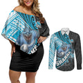 Cronulla Sutherland Sharks Rugby Couples Matching Off Shoulder Short Dress and Long Sleeve Button Shirt Tribal Polynesian Power Art - Lightning Mascot