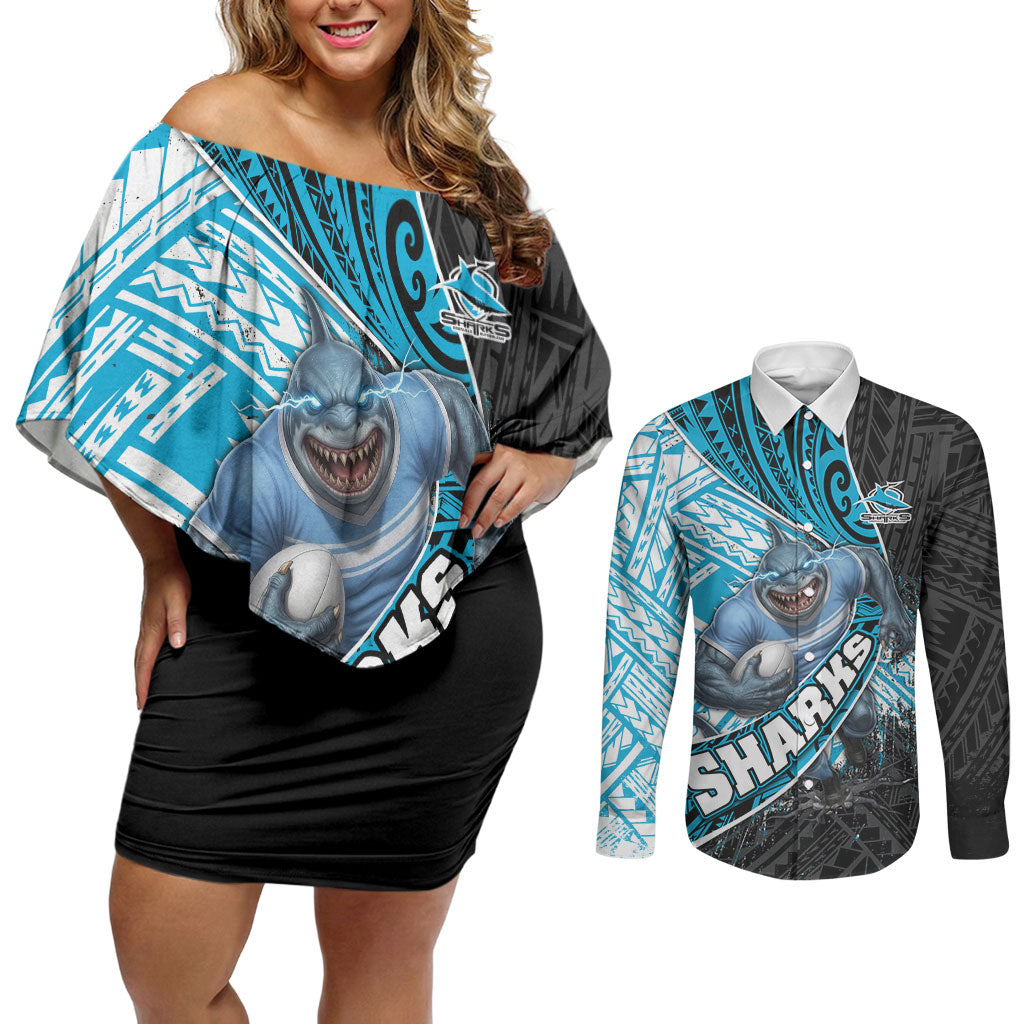 Cronulla Sutherland Sharks Rugby Couples Matching Off Shoulder Short Dress and Long Sleeve Button Shirt Tribal Polynesian Power Art - Lightning Mascot