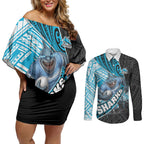 Cronulla Sutherland Sharks Rugby Couples Matching Off Shoulder Short Dress and Long Sleeve Button Shirt Tribal Polynesian Power Art - Lightning Mascot