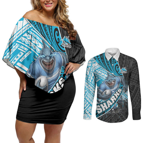 Cronulla Sutherland Sharks Rugby Couples Matching Off Shoulder Short Dress and Long Sleeve Button Shirt Tribal Polynesian Power Art - Lightning Mascot