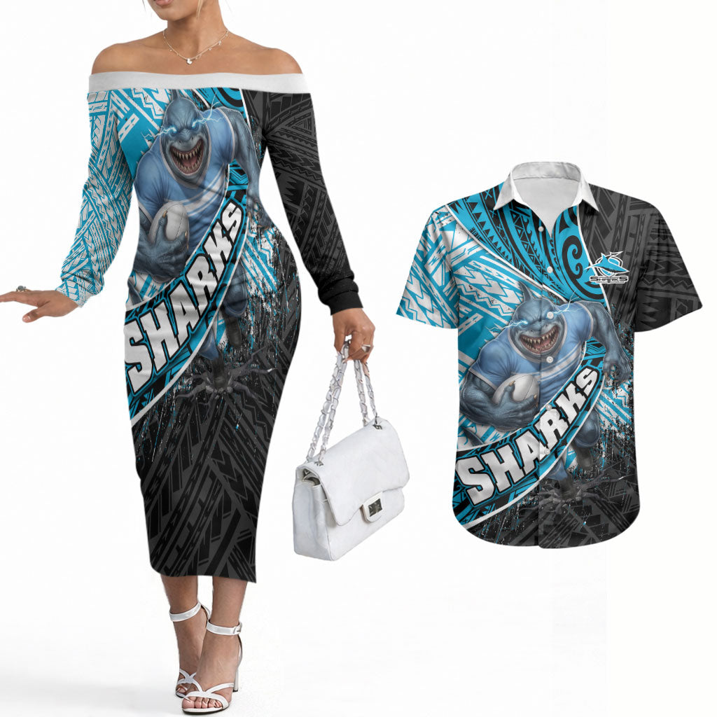 Cronulla Sutherland Sharks Rugby Couples Matching Off The Shoulder Long Sleeve Dress and Hawaiian Shirt Tribal Polynesian Power Art - Lightning Mascot
