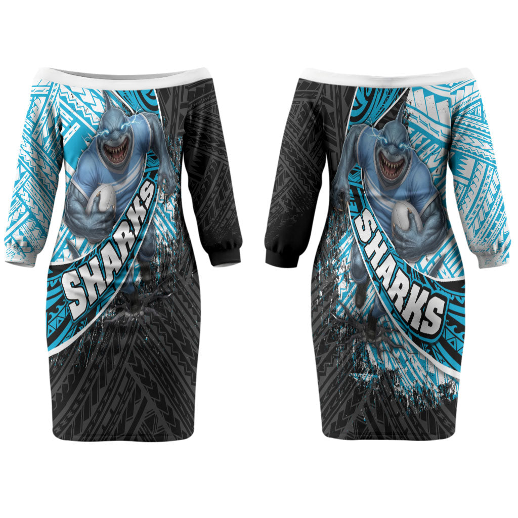 Cronulla Sutherland Sharks Rugby Couples Matching Off The Shoulder Long Sleeve Dress and Hawaiian Shirt Tribal Polynesian Power Art - Lightning Mascot