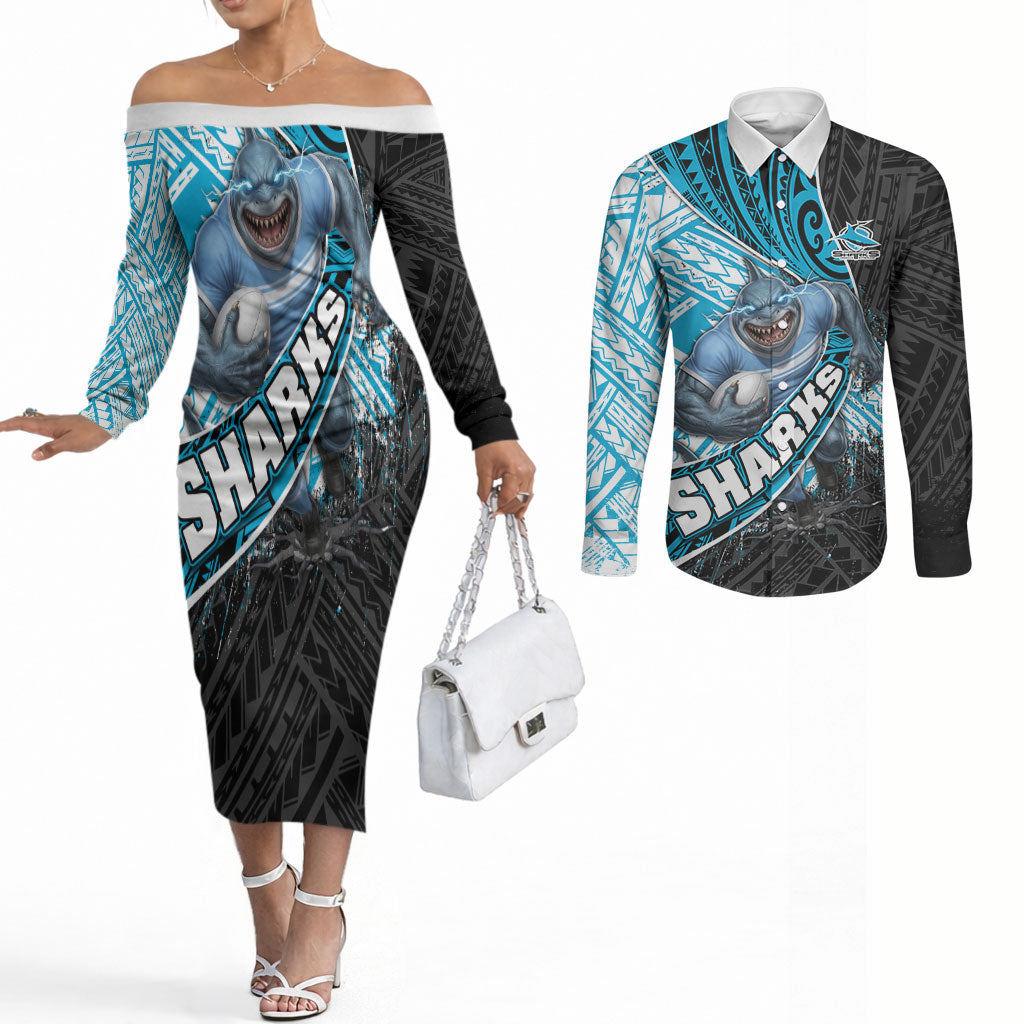 Cronulla Sutherland Sharks Rugby Couples Matching Off The Shoulder Long Sleeve Dress and Long Sleeve Button Shirt Tribal Polynesian Power Art - Lightning Mascot