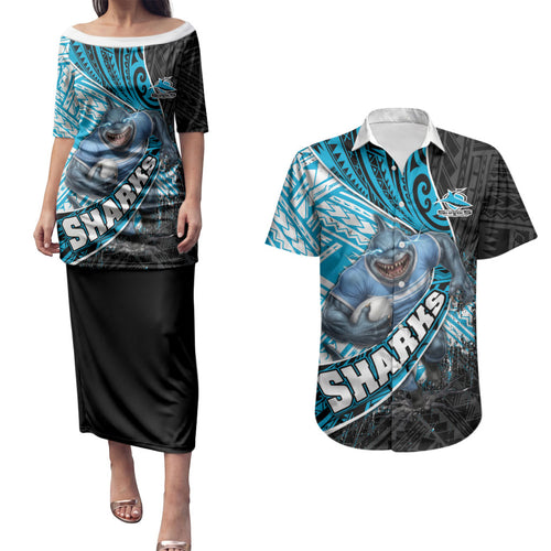 Cronulla Sutherland Sharks Rugby Couples Matching Puletasi and Hawaiian Shirt Tribal Polynesian Power Art - Lightning Mascot