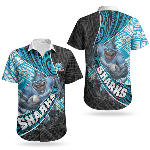 Cronulla Sutherland Sharks Rugby Couples Matching Puletasi and Hawaiian Shirt Tribal Polynesian Power Art - Lightning Mascot