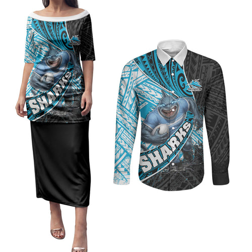 Cronulla Sutherland Sharks Rugby Couples Matching Puletasi and Long Sleeve Button Shirt Tribal Polynesian Power Art - Lightning Mascot