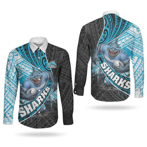 Cronulla Sutherland Sharks Rugby Couples Matching Puletasi and Long Sleeve Button Shirt Tribal Polynesian Power Art - Lightning Mascot