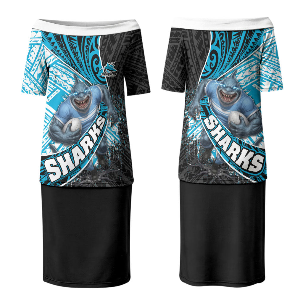 Cronulla Sutherland Sharks Rugby Couples Matching Puletasi and Long Sleeve Button Shirt Tribal Polynesian Power Art - Lightning Mascot