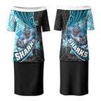 Cronulla Sutherland Sharks Rugby Couples Matching Puletasi and Long Sleeve Button Shirt Tribal Polynesian Power Art - Lightning Mascot