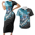 Cronulla Sutherland Sharks Rugby Couples Matching Short Sleeve Bodycon Dress and Hawaiian Shirt Tribal Polynesian Power Art - Lightning Mascot