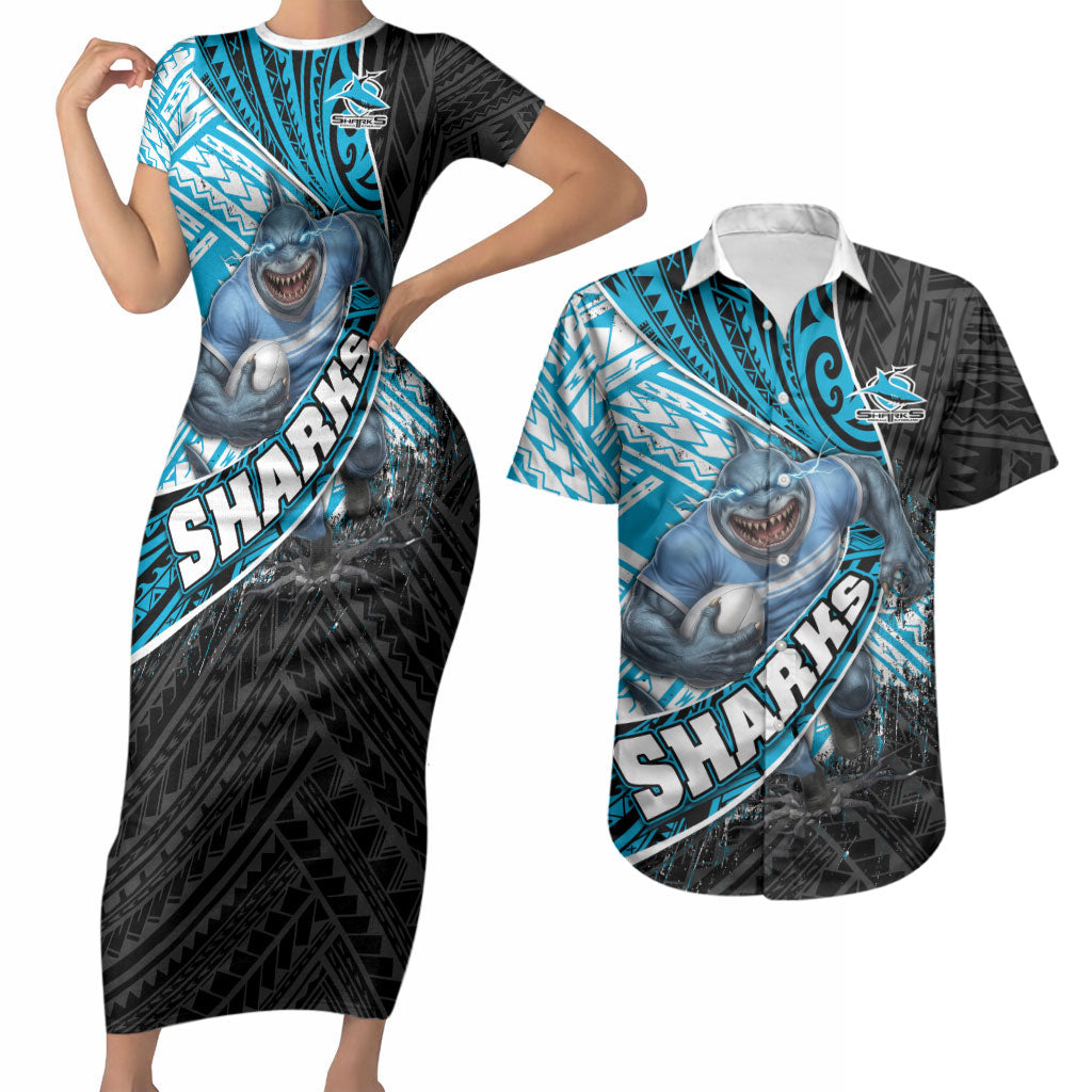 Cronulla Sutherland Sharks Rugby Couples Matching Short Sleeve Bodycon Dress and Hawaiian Shirt Tribal Polynesian Power Art - Lightning Mascot