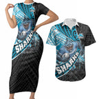 Cronulla Sutherland Sharks Rugby Couples Matching Short Sleeve Bodycon Dress and Hawaiian Shirt Tribal Polynesian Power Art - Lightning Mascot