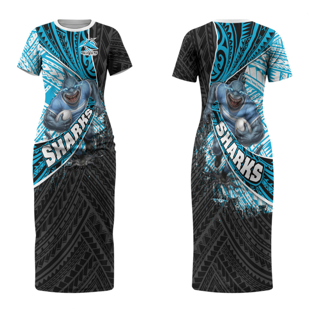 Cronulla Sutherland Sharks Rugby Couples Matching Short Sleeve Bodycon Dress and Hawaiian Shirt Tribal Polynesian Power Art - Lightning Mascot